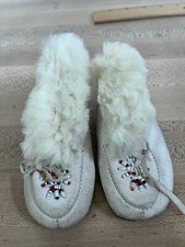 Antique Native American Leather Beaded Child Moccassins Rabbit Fur
