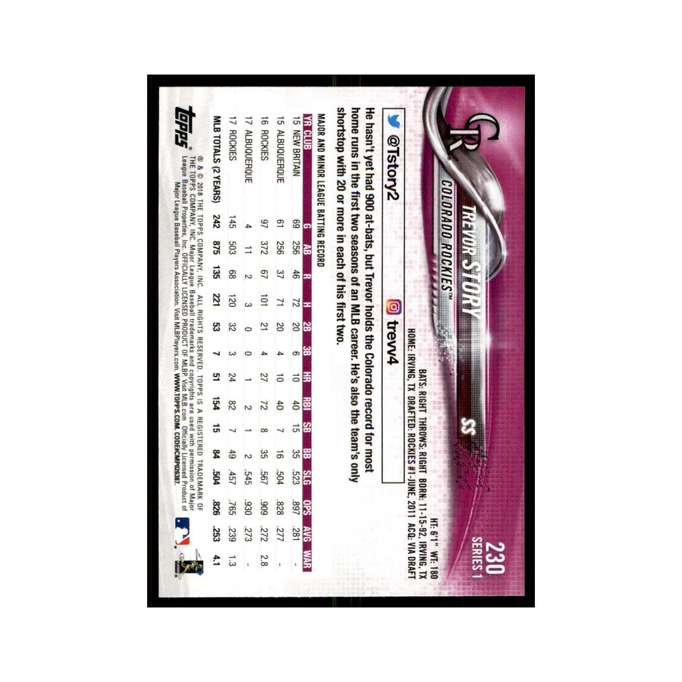 Trevor Story 2018 Topps #230 Colorado Rockies Baseball Card NM - Image 2 of 3