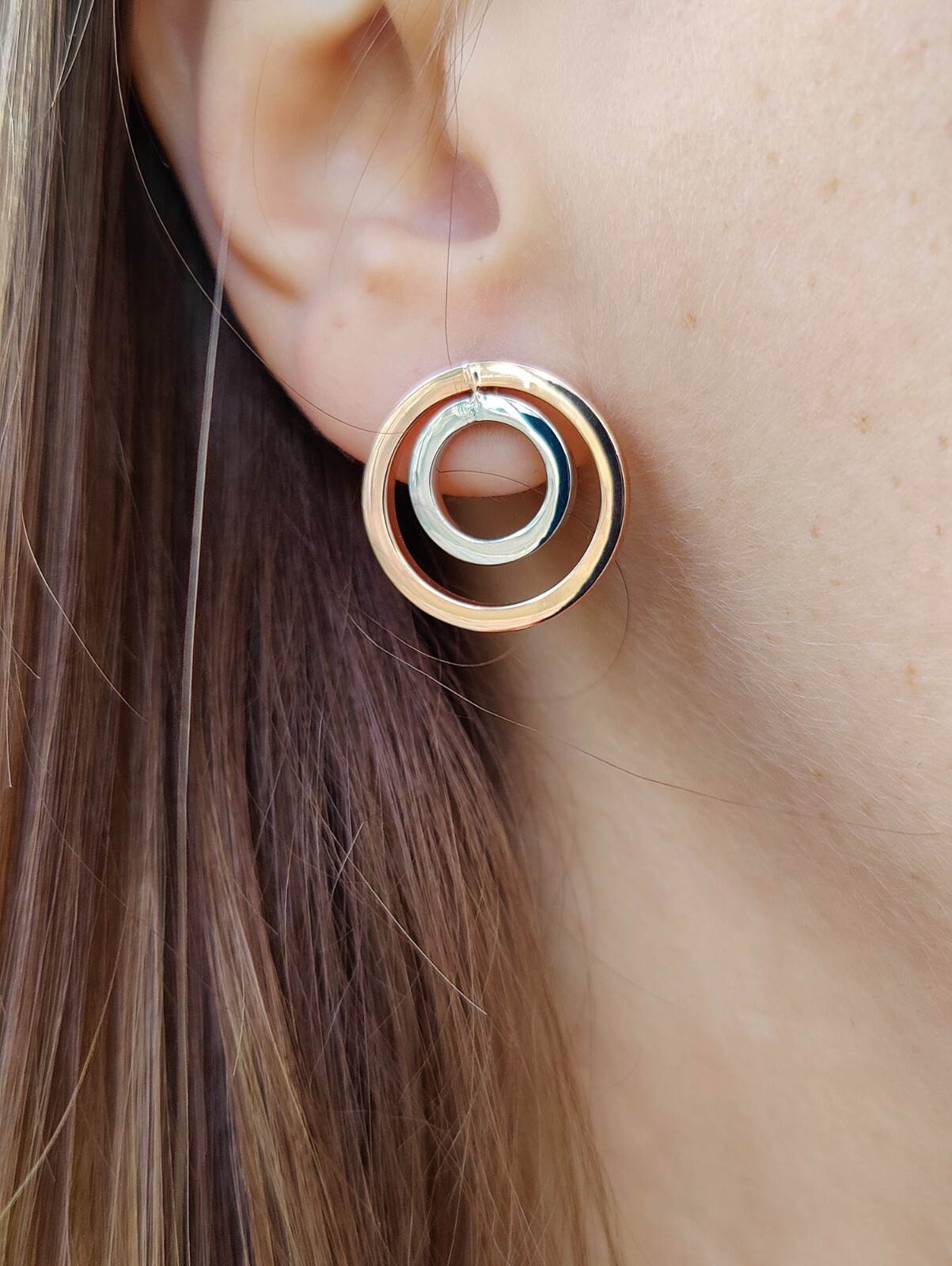 Solid 9ct Rose White Gold Double Circle Earrings … - image 1