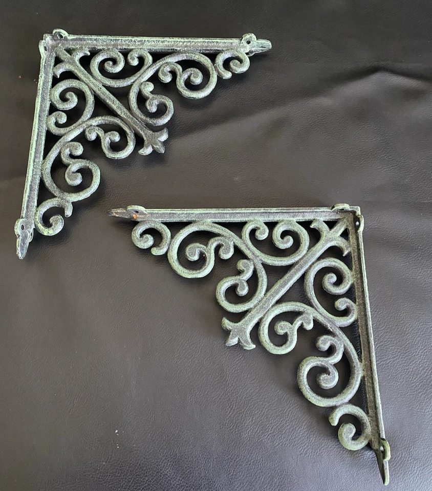 Par de soportes de estante de pared de hierro fundido vintage con desplazamiento ornamentado 9 3/4" verde y negro Foto 4 de 4