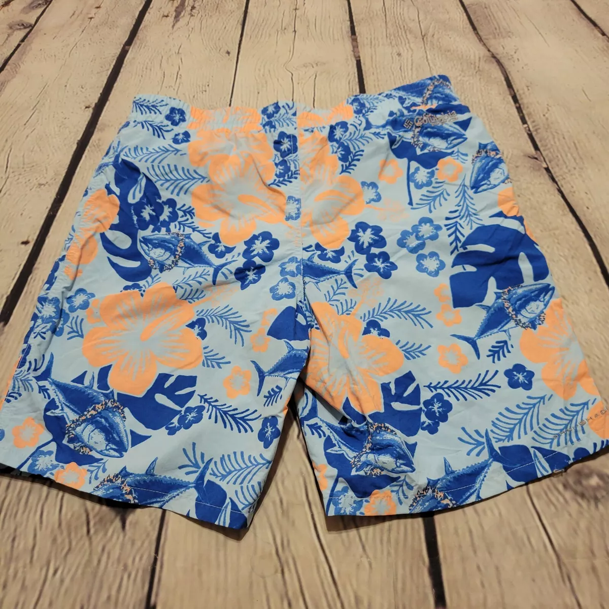 Columbia 18 Boys Board shorts Swim trunks Light Blue Orange Fish Hibiscus
