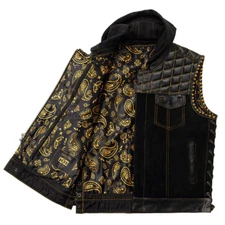 Hunt Club Men's Diamond Stitched Hooded Leather Motorcycle Vest Concealed Carry