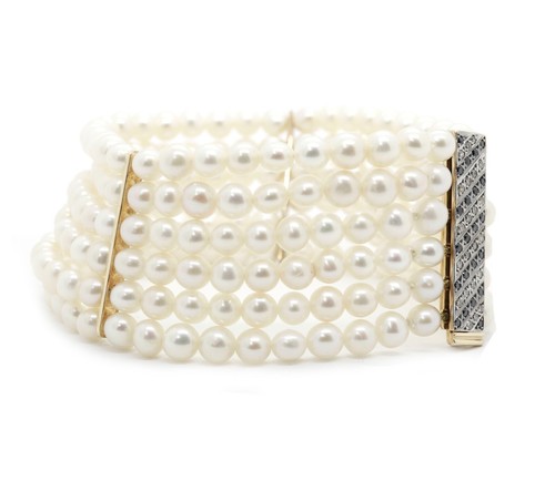 Six Strands Pearl Bracelet 18K Gold Clasp 0.44 Ct Black and White Diamonds 7.8" - Picture 4 of 7