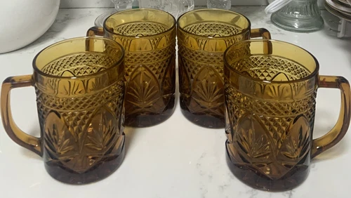 Set of 4 Vintage Cristal D'Arques-Durand Luminarc Amber Glass Mugs from France