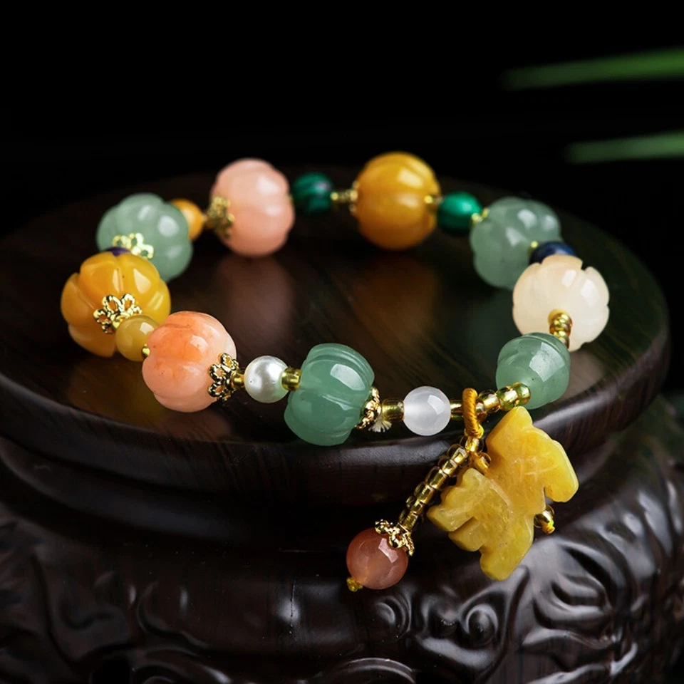 Colourful Quartzite Aventurine Jade Luck Pumpkin Beads Pixiu Charm Bracelet - Image 2 of 4