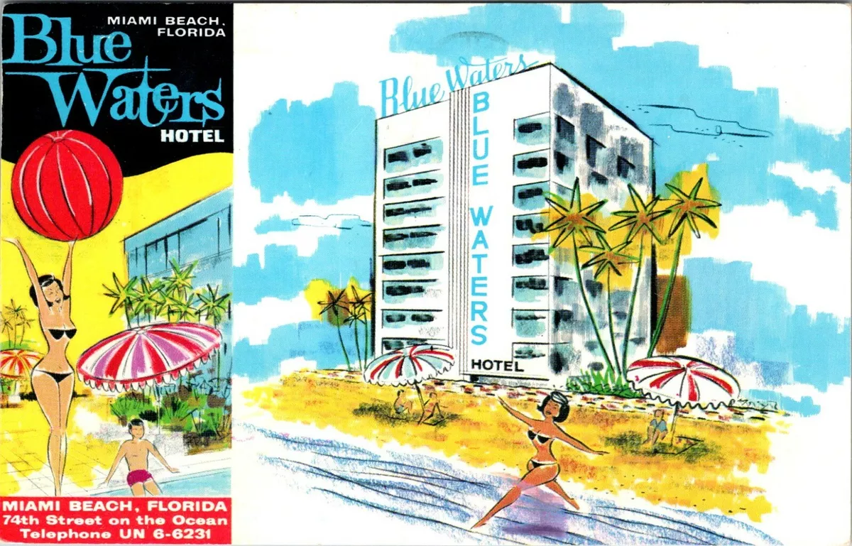 MIAMI BEACH FLORIDA BLUE WATERS HOTEL VINTAGE POSTCARD