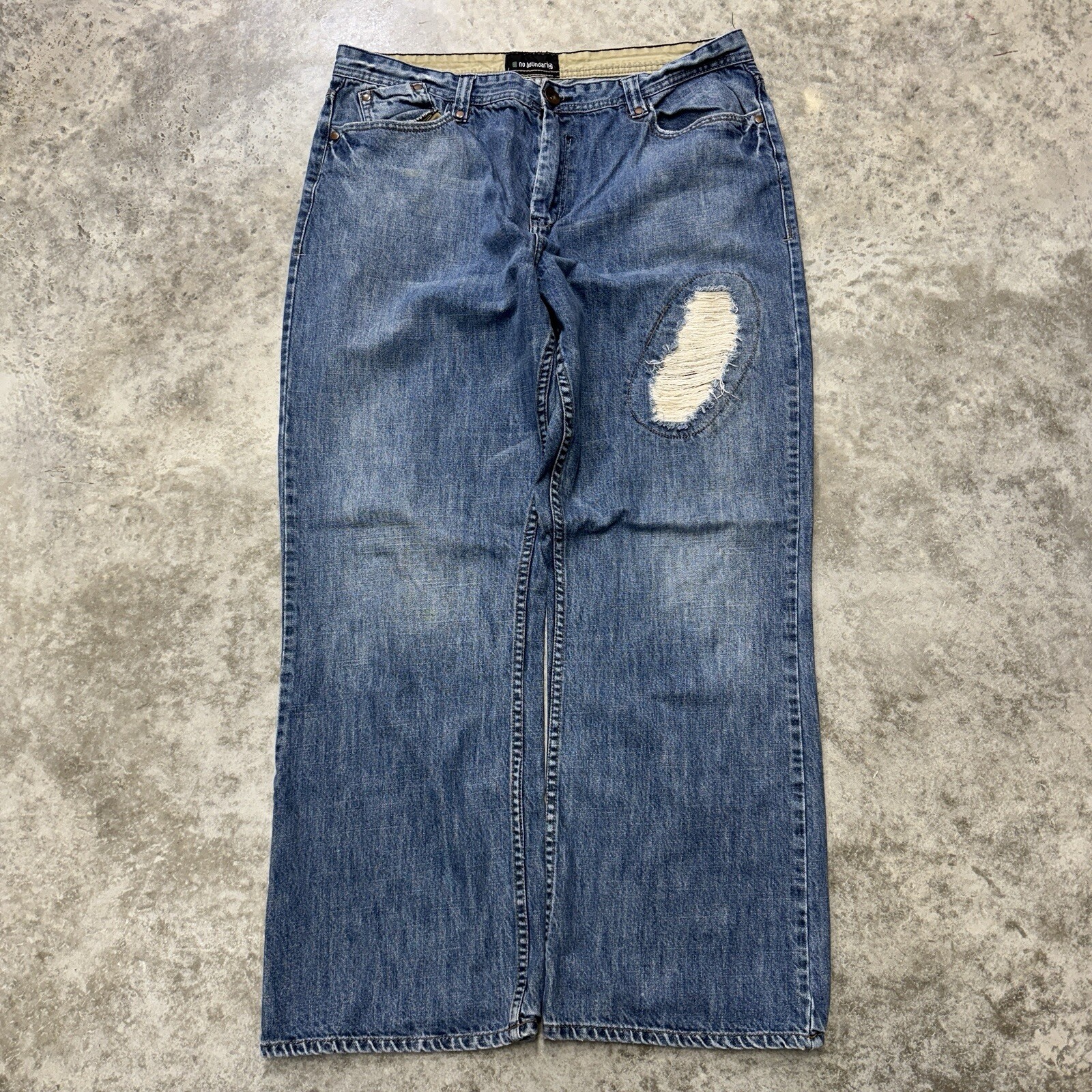 No Boundaries Y2K Baggy Jeans Mens 38x32 Wide Leg Skate Hip Hop Blue Distressed