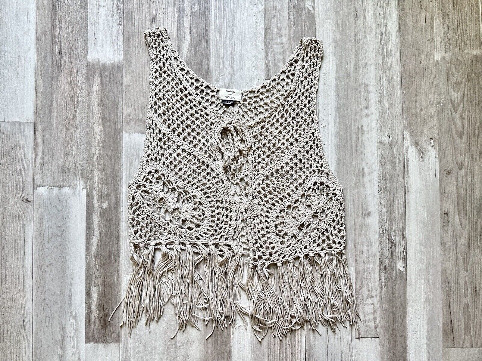 David and Young Tan Bohemian Knit Crochet Vest w/… - image 2