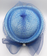 Blue Beret Hat Womens Straw Pillbox Hat Ladies Church Hat Mesh Veil TF1241