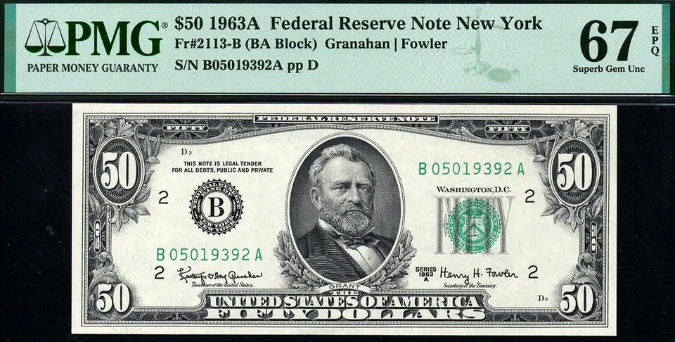 1963A $50 New York Federal Reserve Note FRN • Fr.2113-B • PMG 67 EPQ ((TOP POP)) - Image 2 of 3