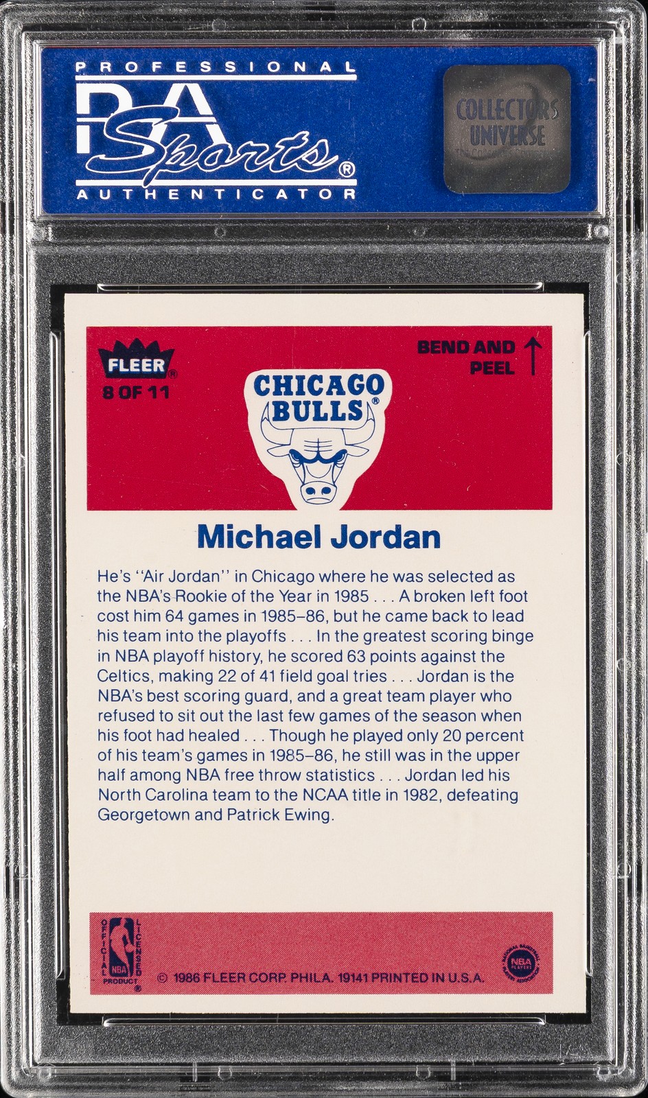1986 FLEER STICKER #8 MICHAEL JORDAN ROOKIE RC PSA 9 OC view 2