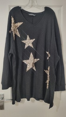 Evans Plus Size Black Sequin Star Jumper UK 26 28 Ribbed Knit Tunic V-Neck Top