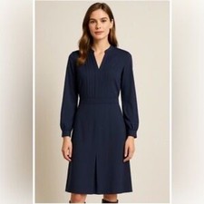 NEW Tory Burch Navy Blue Pleated V-Neck Long Sleeve Sheath Dress 90001499 Size 6