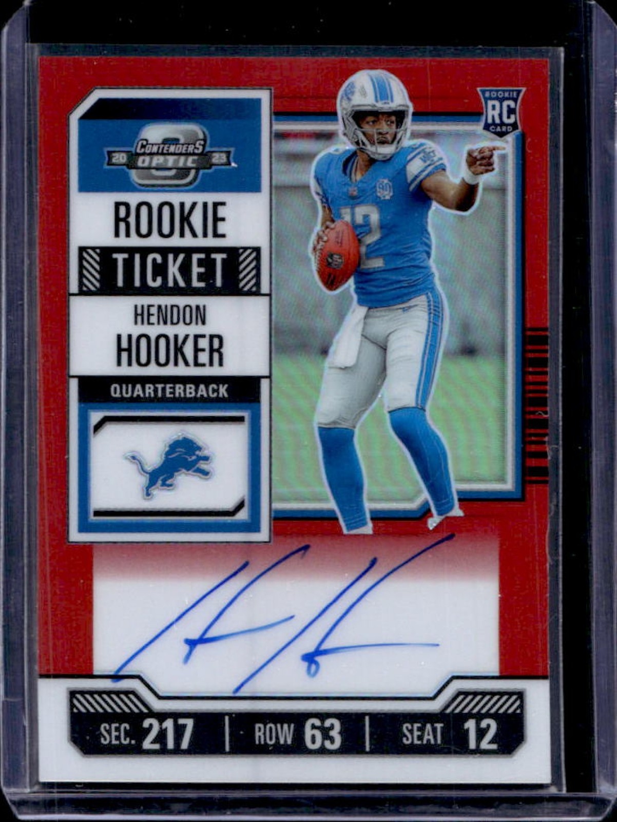 2023 Contenders Optic Hendon Hooker RC Red Rookie Ticket RPS Auto #108/125 Lions