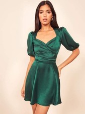 Reformation 100% Silk Emerald Green Puff Sleeve Open Back Mini Dress 10