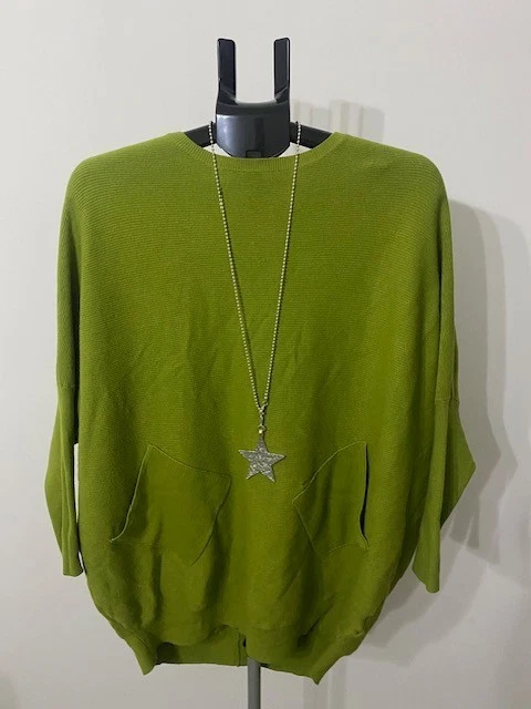 Ladies Stylish Designer Green Soft Jumper with Back Stitch Crossing and Necklace - Image 2 of 4
