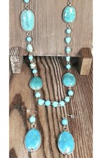 Turquoise Color Stone 36 inch Necklace pierced Earring Set silver tone quality