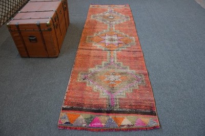 Turkish Vintage Rug, 2,8x8,9 ft Herki Rug, Orange Runner Floral Rug