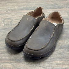 OLUKAI Shoes Mens 10 Moloa Leather Brown Dark Wood Java Slip On Loafer