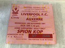 TICKET 1991/92 Liverpool v Auxerre UEFA Cup - Pink Kop