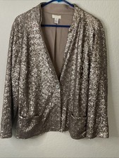 Chicos All Over Sequin Blazer Jacket Champagne Gold Pockets Sz 3 XL EUC