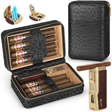 Cigar Humidor Box, Cigar Lighter Cedar Wood Lined Leather Cigar Case Built in...