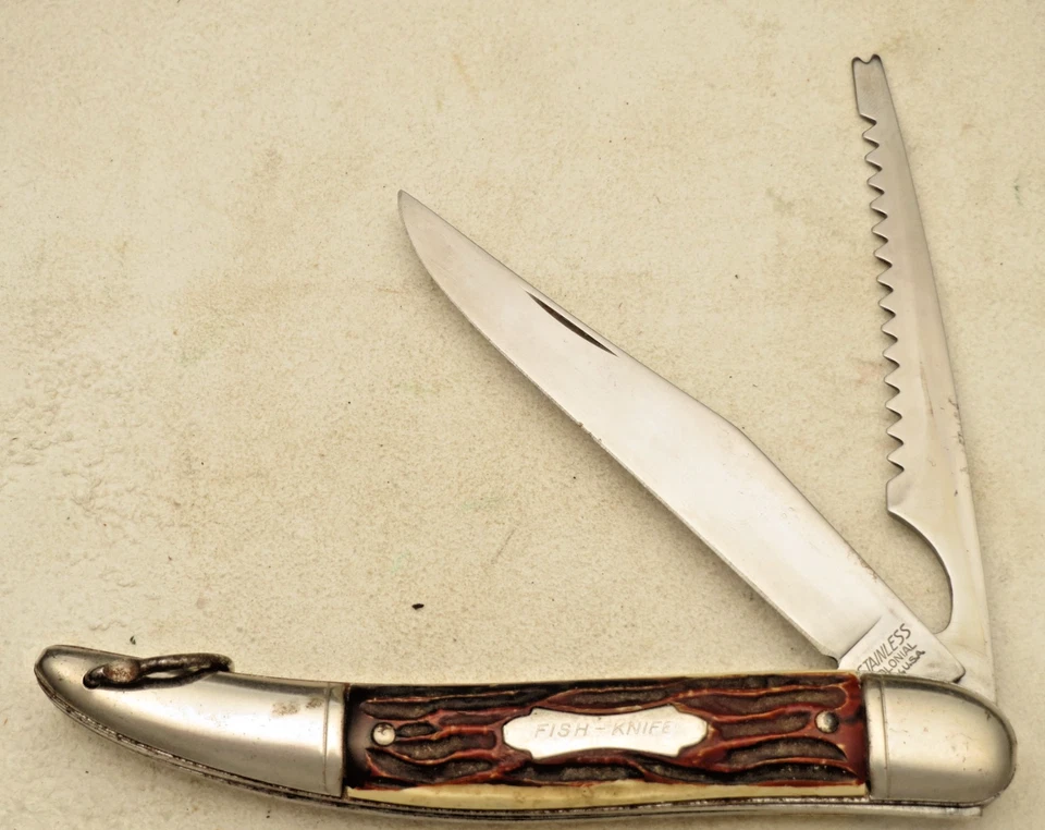 Винтажный сделанный в США КОЛОНИАЛЬНЫЙ из нержавеющей стали — рыболовный нож с двумя лезвиями — неиспользованный нож - Изображение 2 из 4