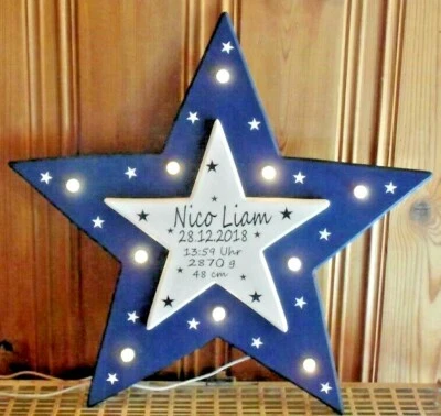 HANDGEFERTIGT GESCHENK GEBURT BABY Schlummerlicht kleine Sterne LAMPE Taufe NAME HOLZ Handmade