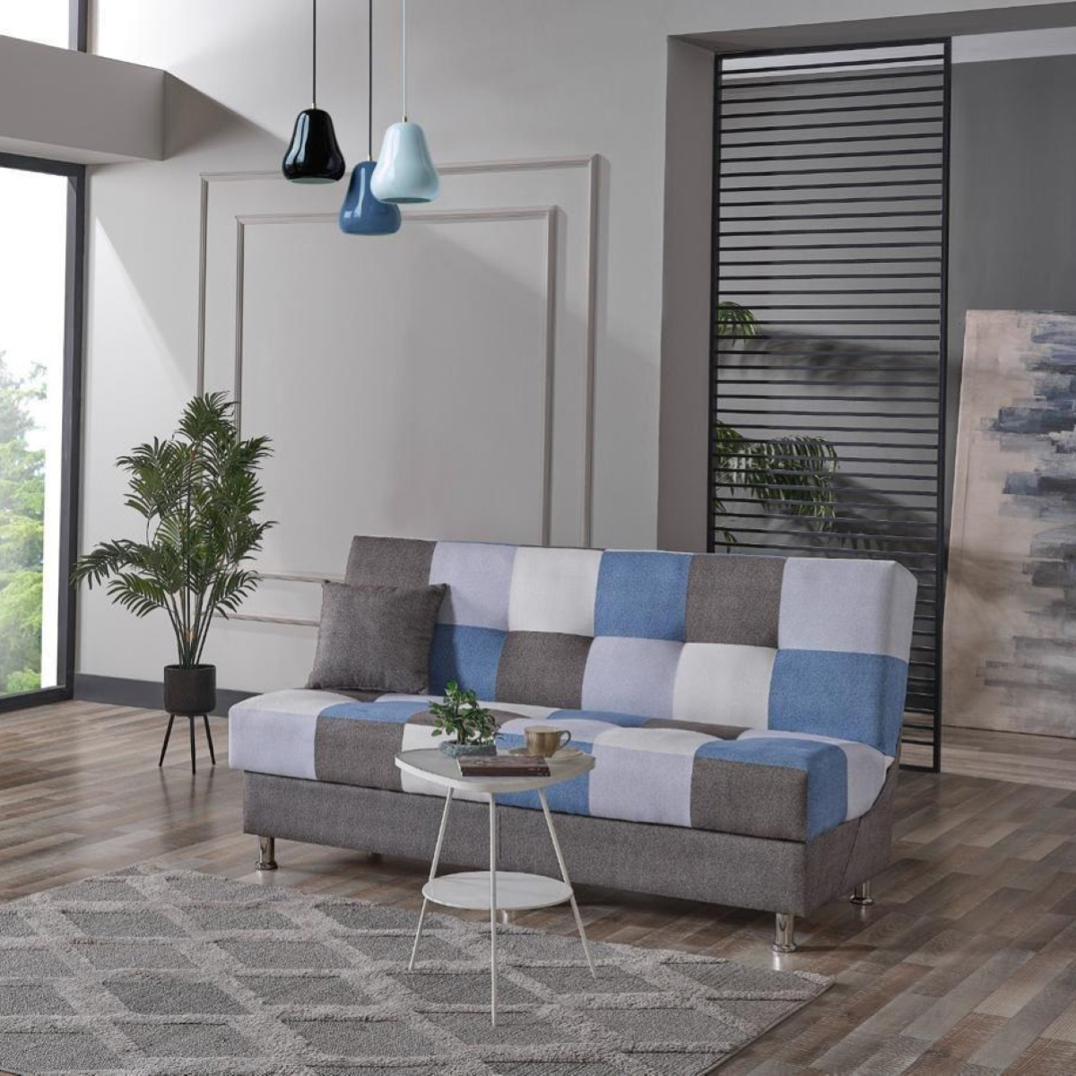 Divano letto 190 cm a posti patchwork blu con contenitore