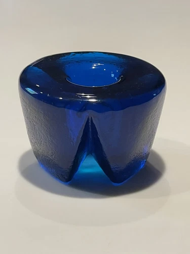 Vintage Blenko Glass Cobalt Blue (Turquoise?) Molar Tripod 990B Candle Holder VG
