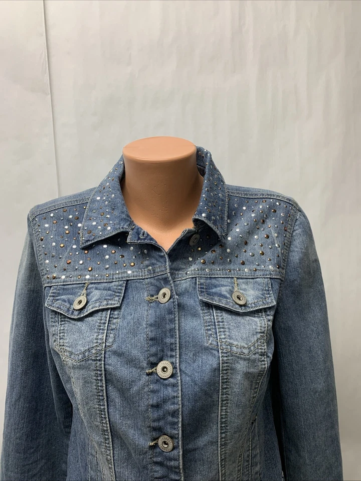 Jaqueta Roz and Ali feminina pequena azul denim com botões bolsos pedras preciosas Bling - Imagem 2 de 4