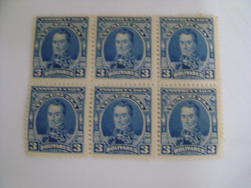 1904 ANTIQUE SIMON BOLIVAR BLUE 3c VENEZUELA POSTAGE STAMP (6) MINT ORIGINAL GUM