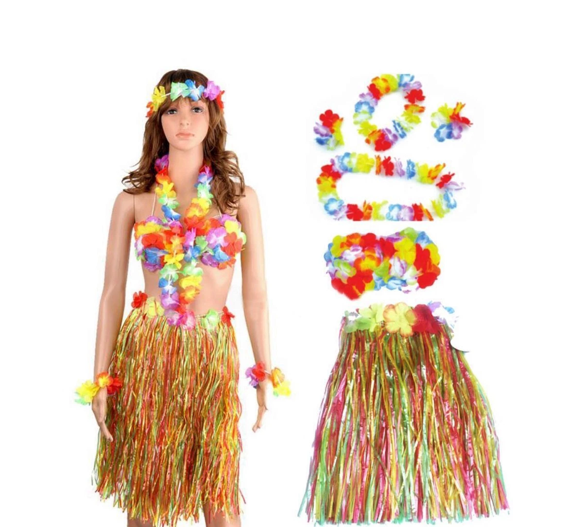 5Pcs Hawaiian Fancy Dress Hula Costume Grass Skirt Flower Garland Bra Aloha  Set