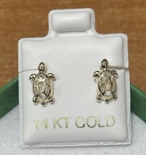 Turtle White Stud Earrings 14K Solid Gold With Safety Backing