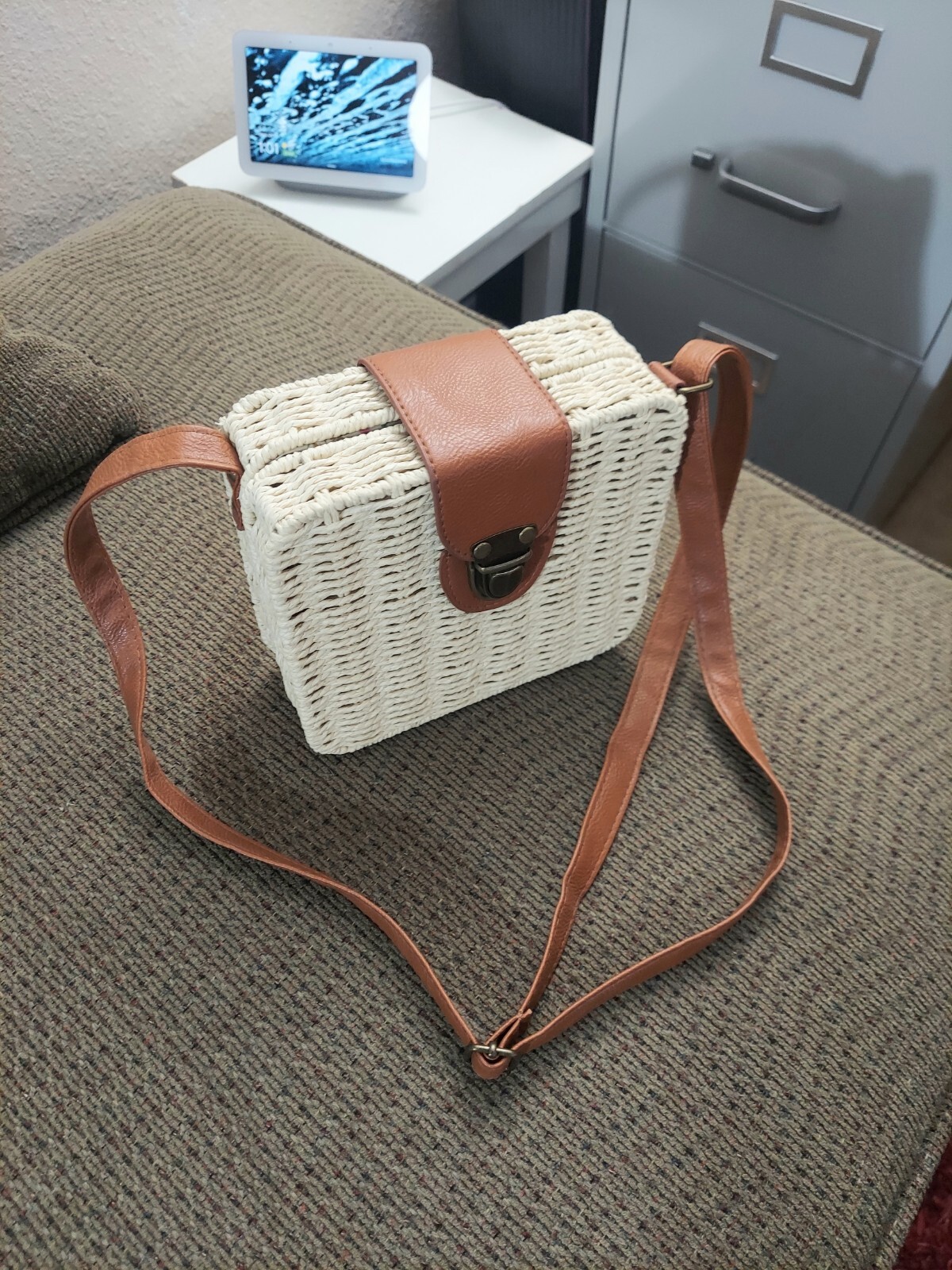 Square Rattan Straw Wicker Woven Cross Body Purse Gem