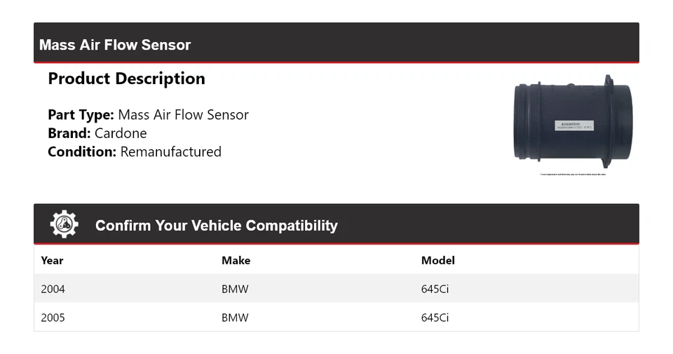 Sensor de flujo de aire másico Cardone para BMW 645Ci 2004-2005 Foto 2 de 4