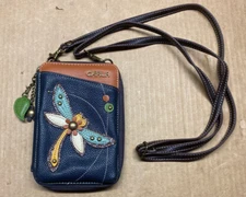 NEW CHALA BLACK AND BLUE WITH  DRAGONFLY BIFOLD ZIPPERED WALLET FAUX LEATHER