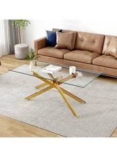 IANIYA 47" Clear Glass Coffee Table Modern Metal Legs Living Room Decor