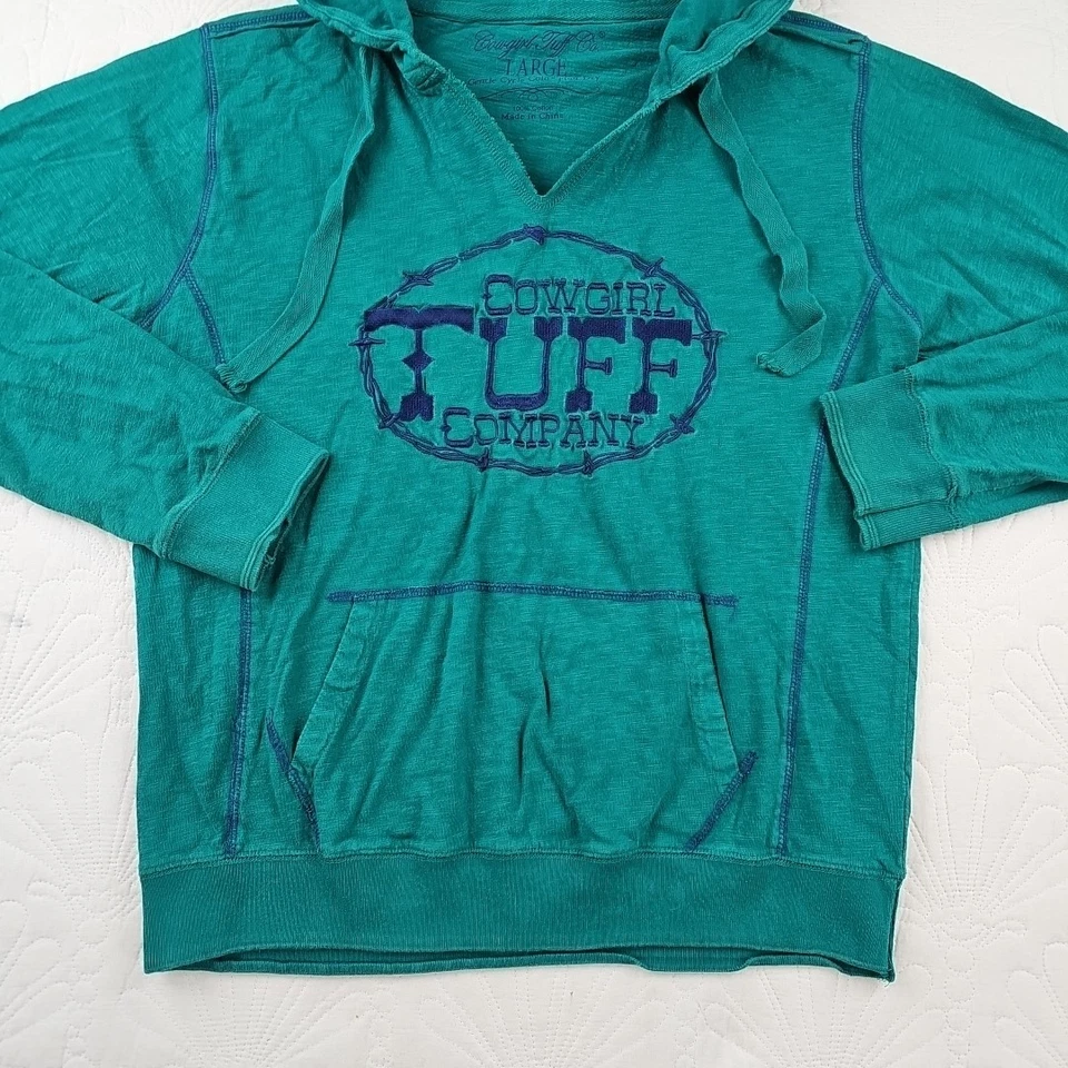 Cowgirl Tuff Co Women's Teal Green Pullover Lightweight Hoodie Size L - Image 2 of 4