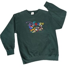 VTG 90s Disney Embroidered Sweatshirt L Goofy Mickey Minnie Donald Pluto Green
