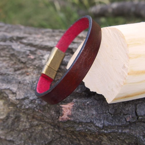 Mens Womens Genuine Raw Veg Tan Leather PALESTINE PINK MAHOGANY Bracelet - Picture 3 of 9