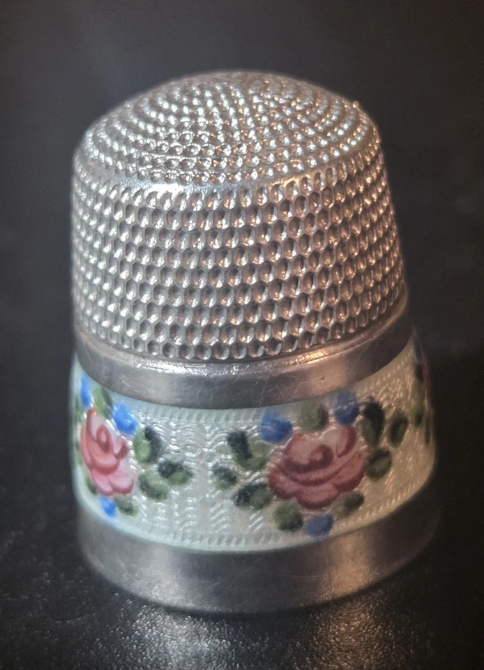 Antiguo dedal Simons Co plata esterlina esmalte rosa talla 11 Foto 3 de 4