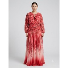 Tadashi Shoji NWT Size 18 Pink Coral Feather Print Chiffon Maxi Gown AXI17219L