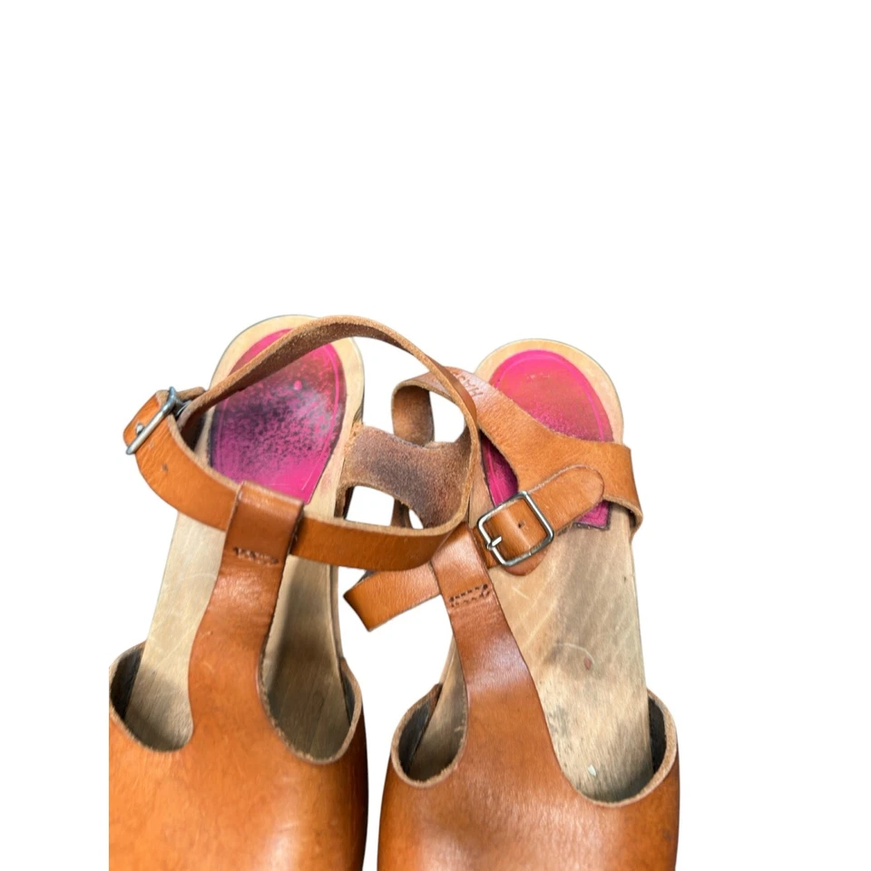 瑞典 Hasbeens 棕色杏仁鞋头 T 型带木方跟皮革木底鞋 5 码 — 第 2/4 张图片