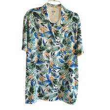 IZOD Golf Mens XL Tropical Floral Palm Print Performance Polo Shirt Blue Green