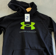 Under Armour Black Hoodie Youth XL Green Logo Hooded Pockets Fleece Pullover