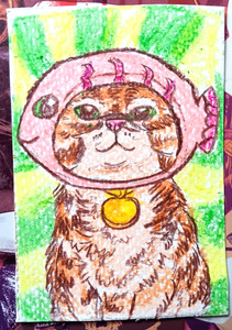 ACEO Original Kitty Cat in Fishy Hat Portrait, Mixed Media OOAK ATC