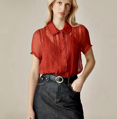 J.Crew Size 0 Sheer Lace-trim Button-up Shirt w/ Cami, Red Top Dressy Blouse NEW