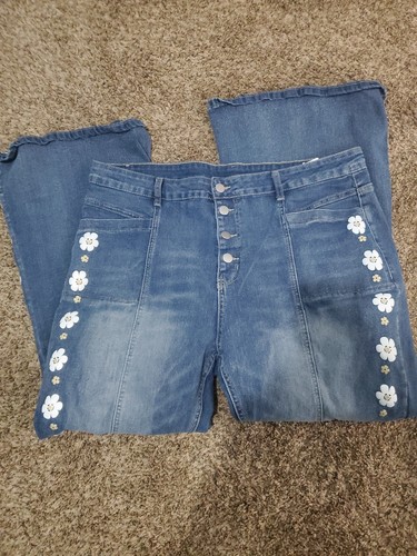 Vintage 70s 80s Style Denim Bellbottom Flare Jeans Button Up Floral 38/29 3xl - Picture 2 of 10