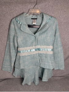 Vintage Look Robin Egg Blue White Tweed Blazer Skirt Set Girls Sz 16 Lace Bow